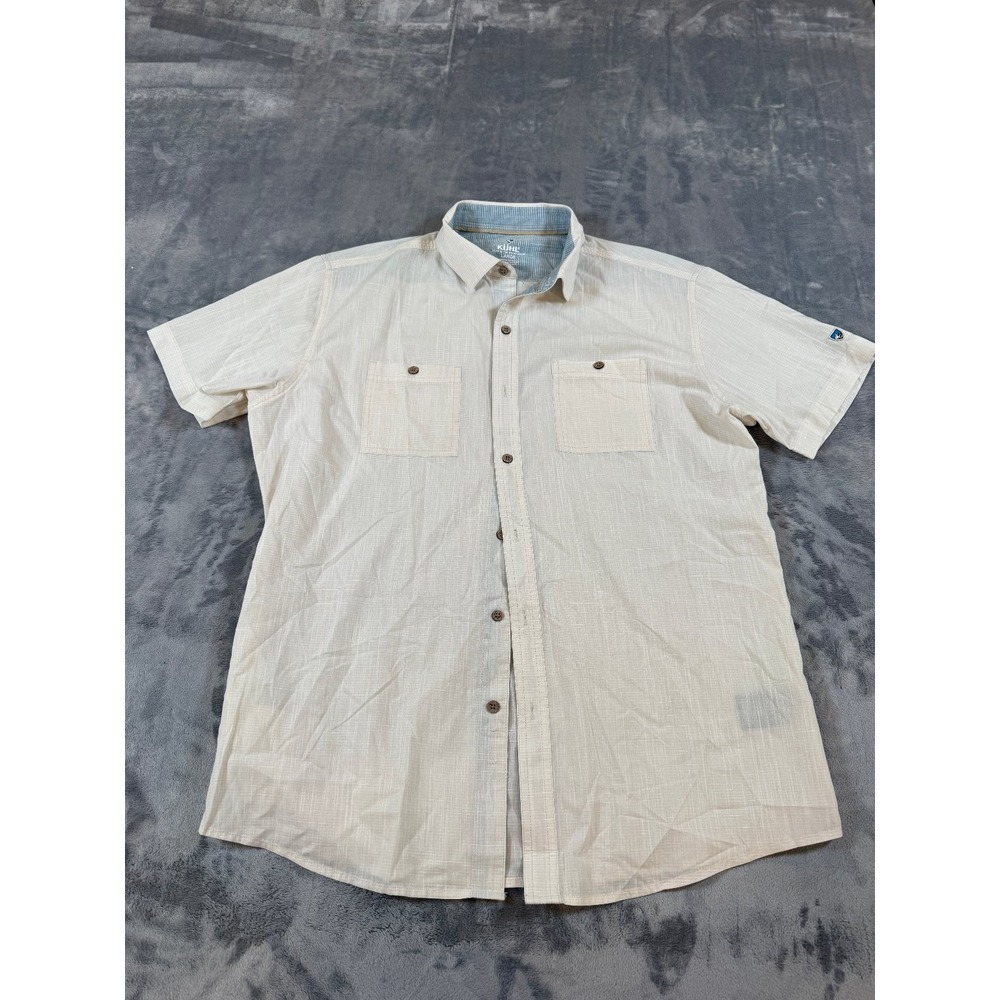 KÜHL Men's Large Beige Textured Short Sleeve Casual Button Down Shirt